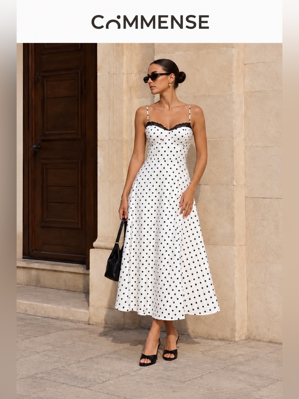 Commense White Polka Dot Cami Maxi Dress with Black Trim NWT Size Small